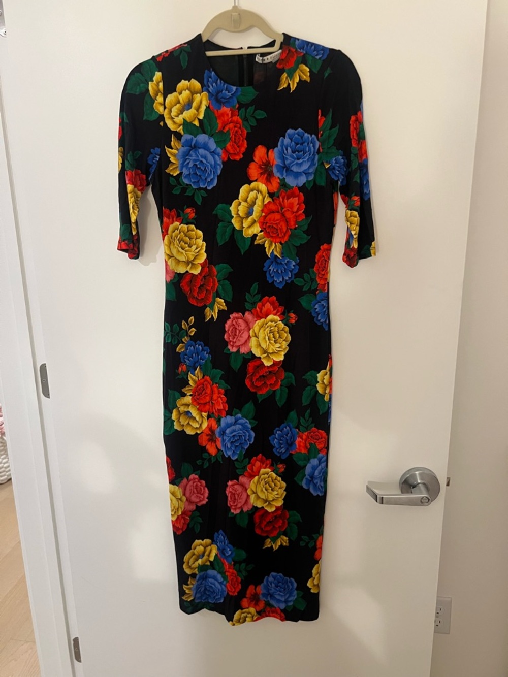 Alice + Olivia Black Midi Dress with Red, Yellow, Blue Floral Print